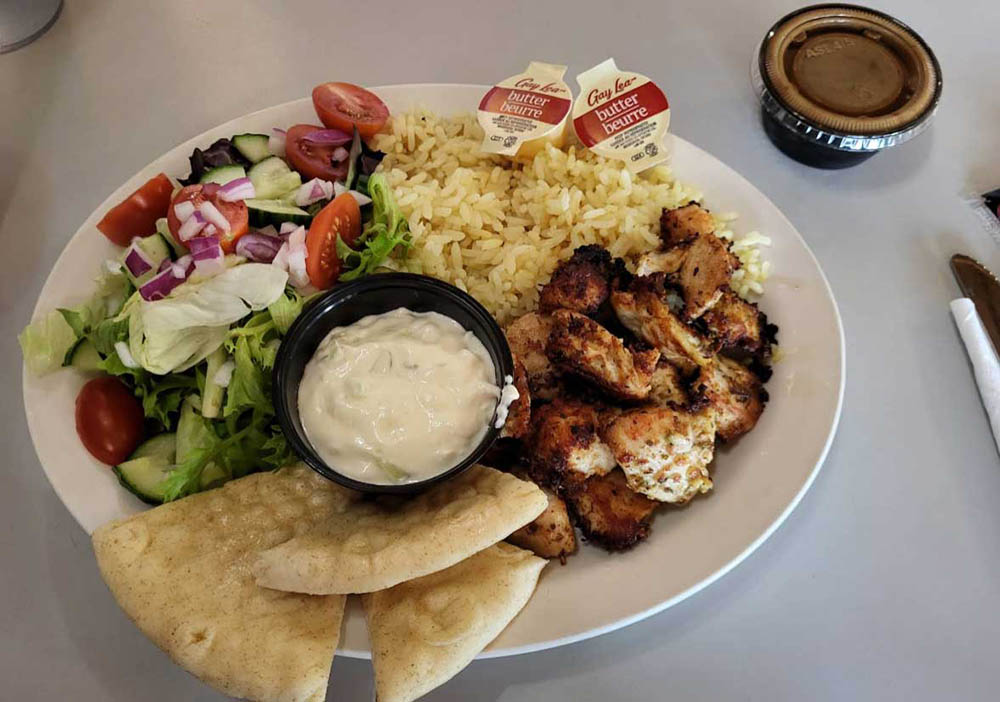 chicken, rice, salad, pita bread