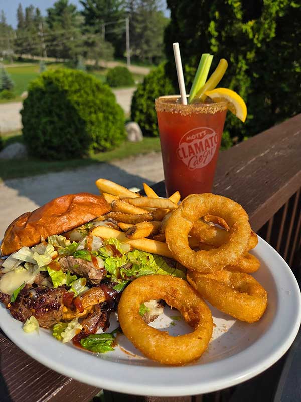 burger, onion rings, caesar